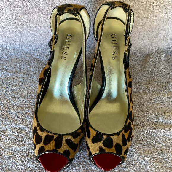 Guess Leopard Print Peep Toe Slingback Heels Size 8M Red Accent Stiletto Pumps - Picture 2 of 7